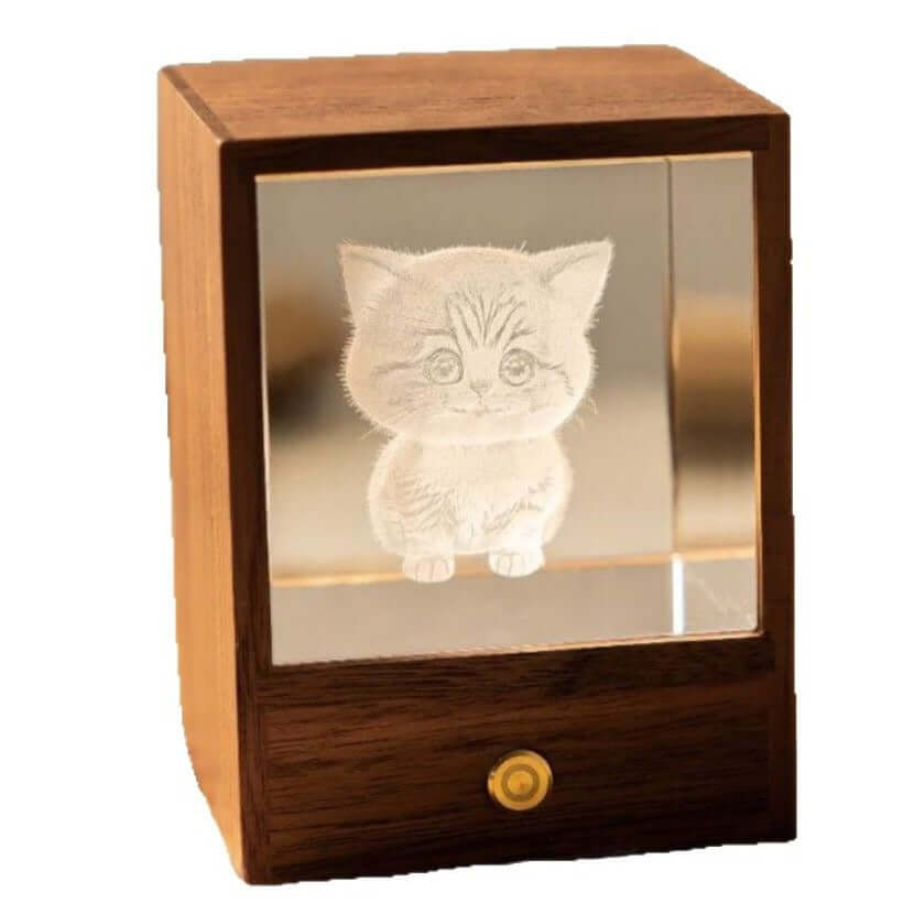 3D Crystal Cat Night Light – Wooden Touch Lamp Gift Box