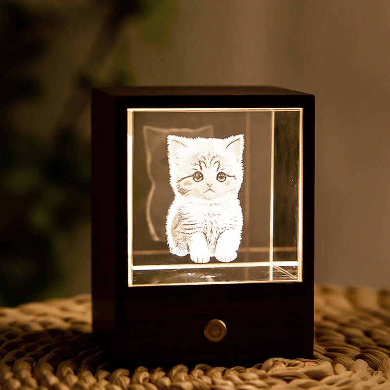 3D Crystal Cat Night Light – Wooden Touch Lamp Gift Box