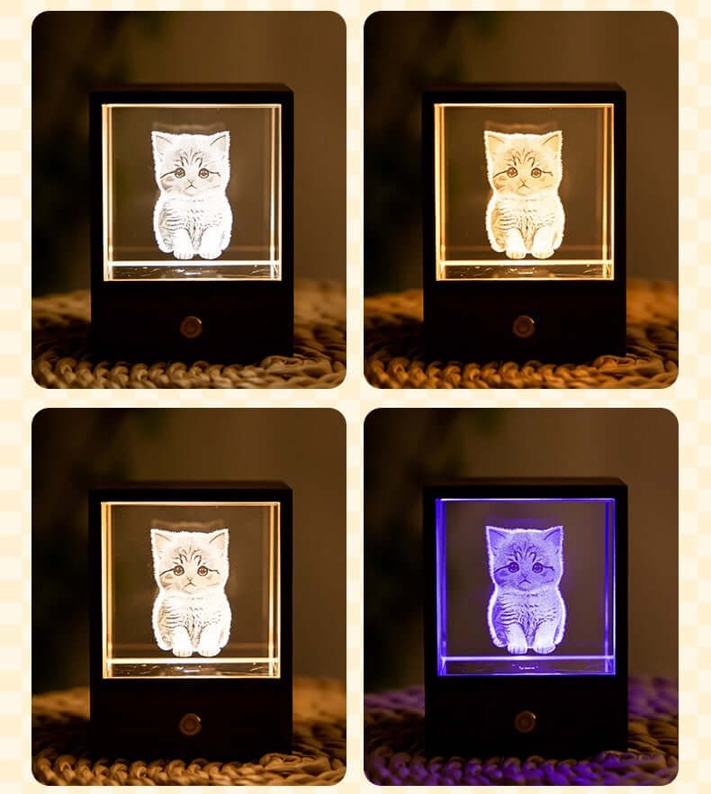 3D Crystal Cat Night Light – Wooden Touch Lamp Gift Box
