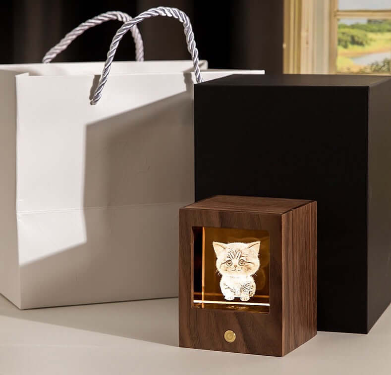 3D Crystal Cat Night Light – Wooden Touch Lamp Gift Box