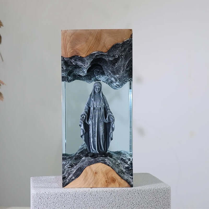 Holy Mary Resin Art Lamp – Wooden Night Light Home Blessing