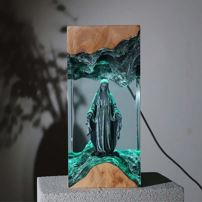 Holy Mary Resin Art Lamp – Wooden Night Light Home Blessing