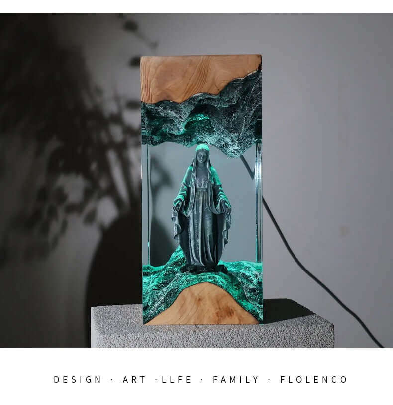 Holy Mary Resin Art Lamp – Wooden Night Light Home Blessing