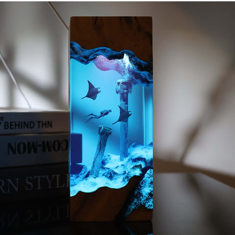 Ocean Diver Resin Lamp – Wooden Whale & Manta Ray Night Light