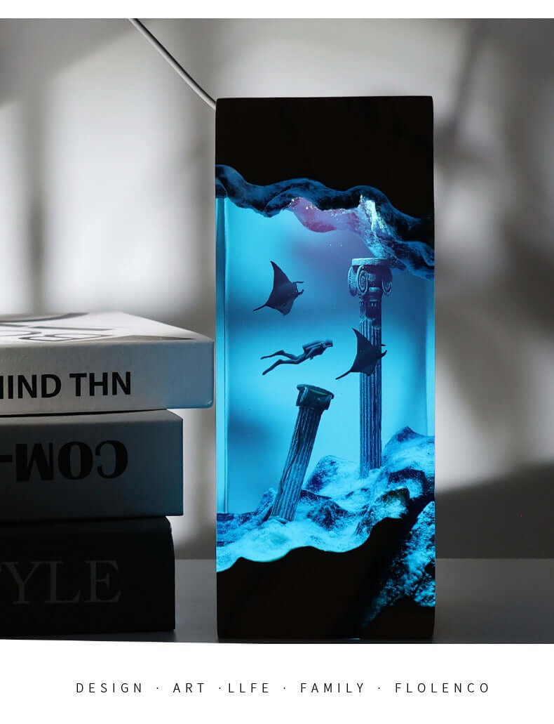 Ocean Diver Resin Lamp – Wooden Whale & Manta Ray Night Light