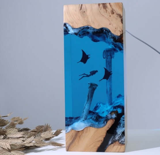 Ocean Diver Resin Lamp – Wooden Whale & Manta Ray Night Light
