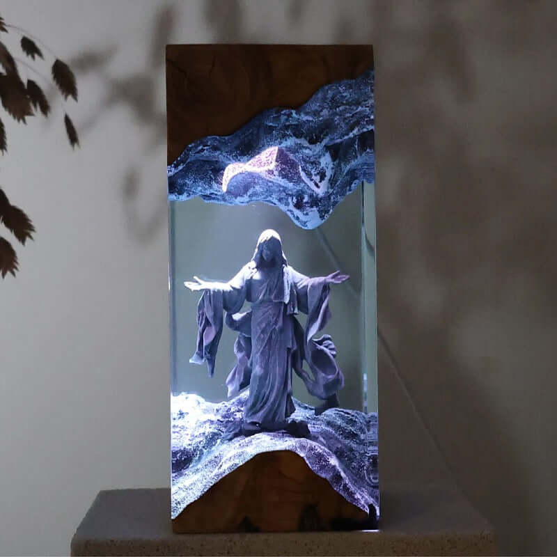 Jesus Resin Art Lamp – Wooden Night Light Home Blessing