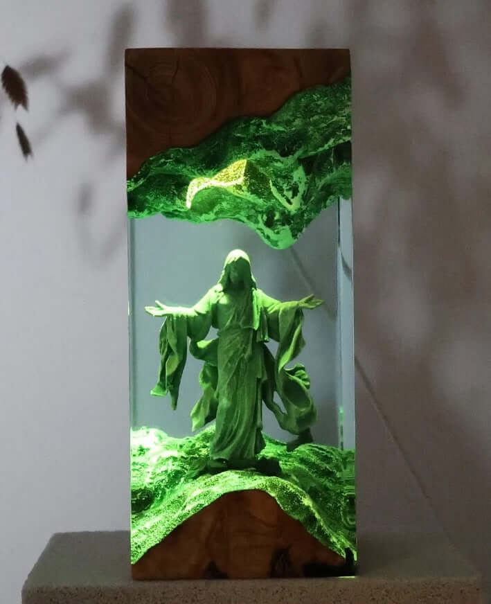 Jesus Resin Art Lamp – Wooden Night Light Home Blessing