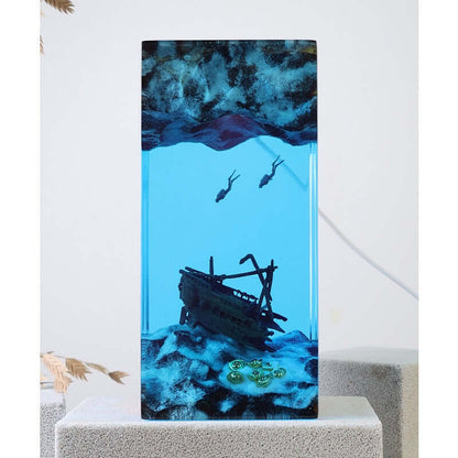 Ocean Cave Diver Resin Lamp – Wooden Art Sculpture Light