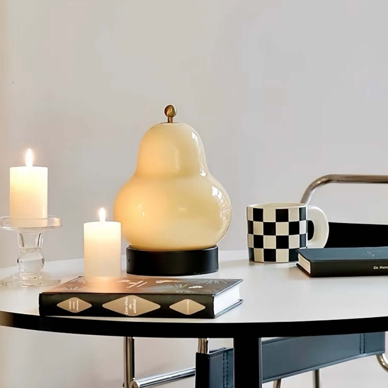 Vintage French Pear Night Lamp – Rechargeable LED Touch Bedside Light with Cream Glass Shade