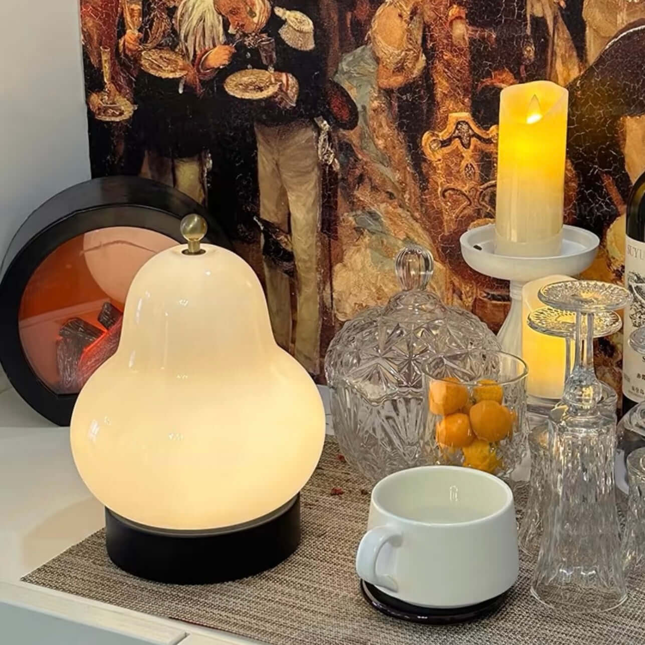 Vintage French Pear Night Lamp – Rechargeable LED Touch Bedside Light with Cream Glass Shade