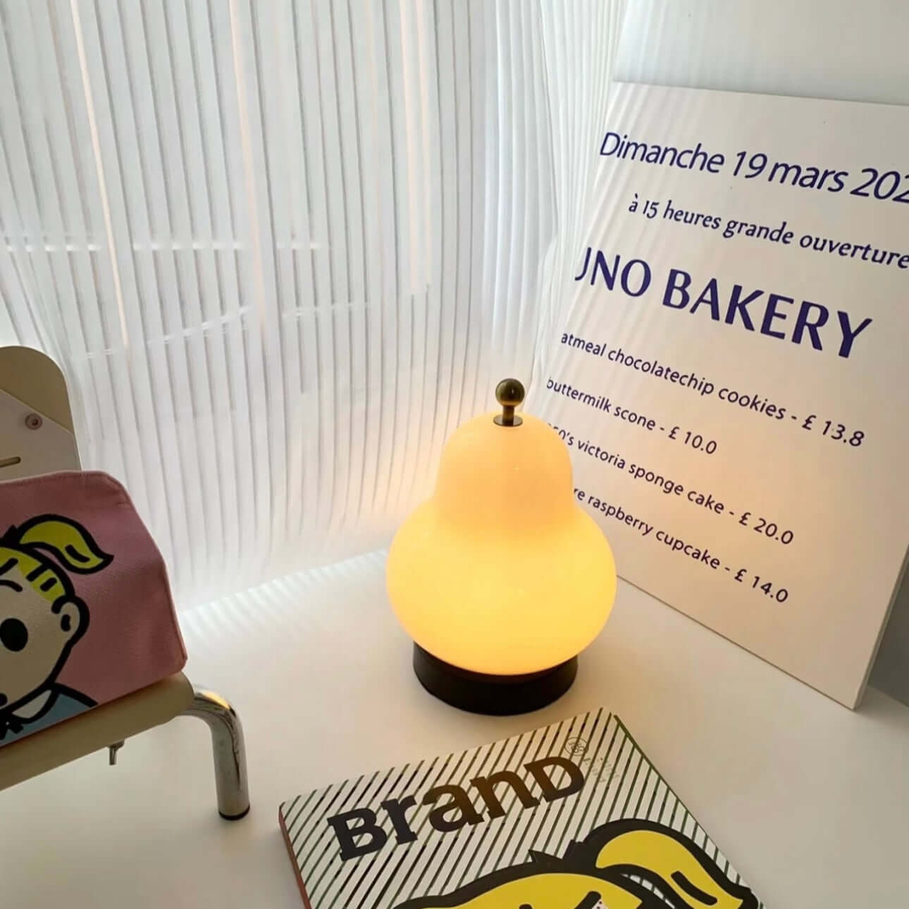 Vintage French Pear Night Lamp – Rechargeable LED Touch Bedside Light with Cream Glass Shade