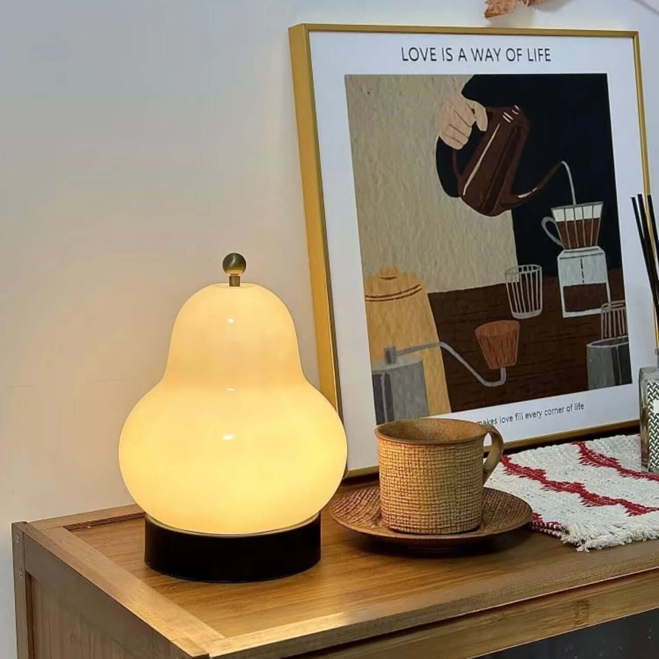 Vintage French Pear Night Lamp – Rechargeable LED Touch Bedside Light with Cream Glass Shade