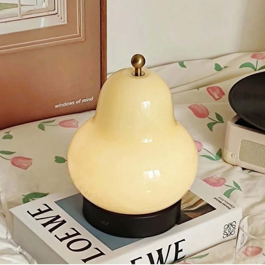 Vintage French Pear Night Lamp – Rechargeable LED Touch Bedside Light with Cream Glass Shade