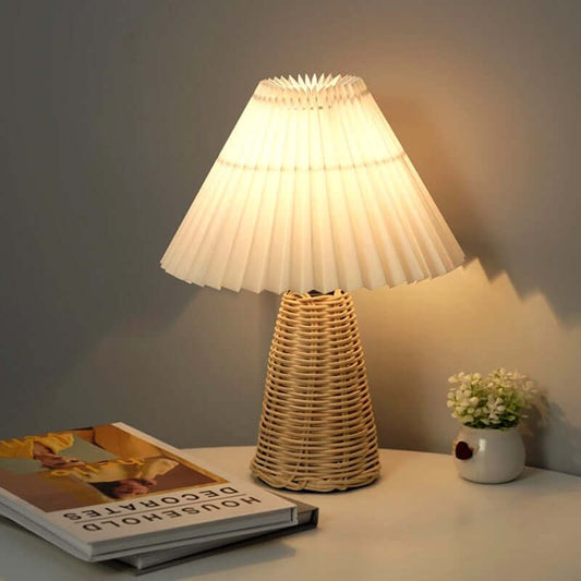 Nordic Pleated Night Lamp – Soft LED Bedside Light with Rattan Base