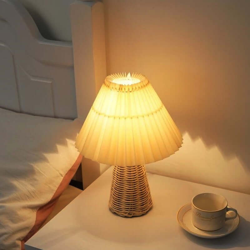Nordic Pleated Night Lamp – Soft LED Bedside Light with Rattan Base