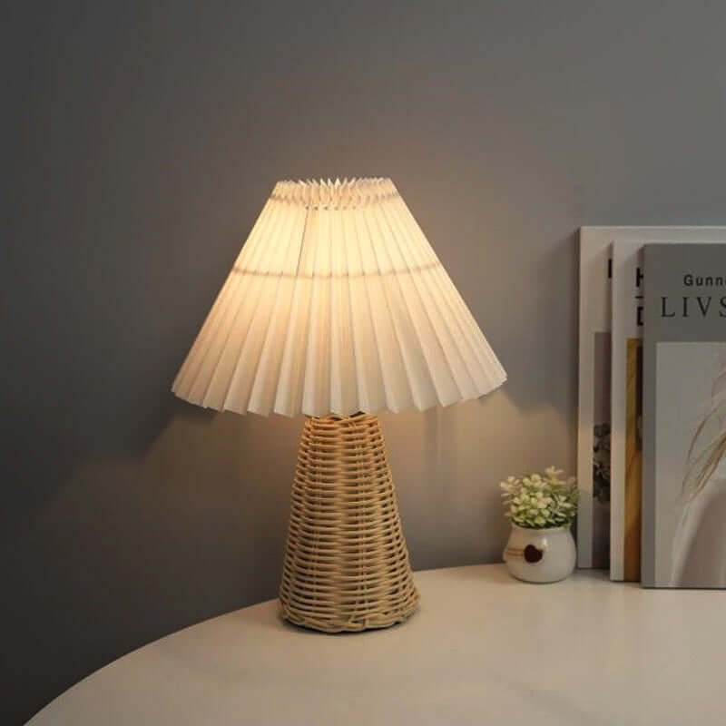 Nordic Pleated Night Lamp – Soft LED Bedside Light with Rattan Base