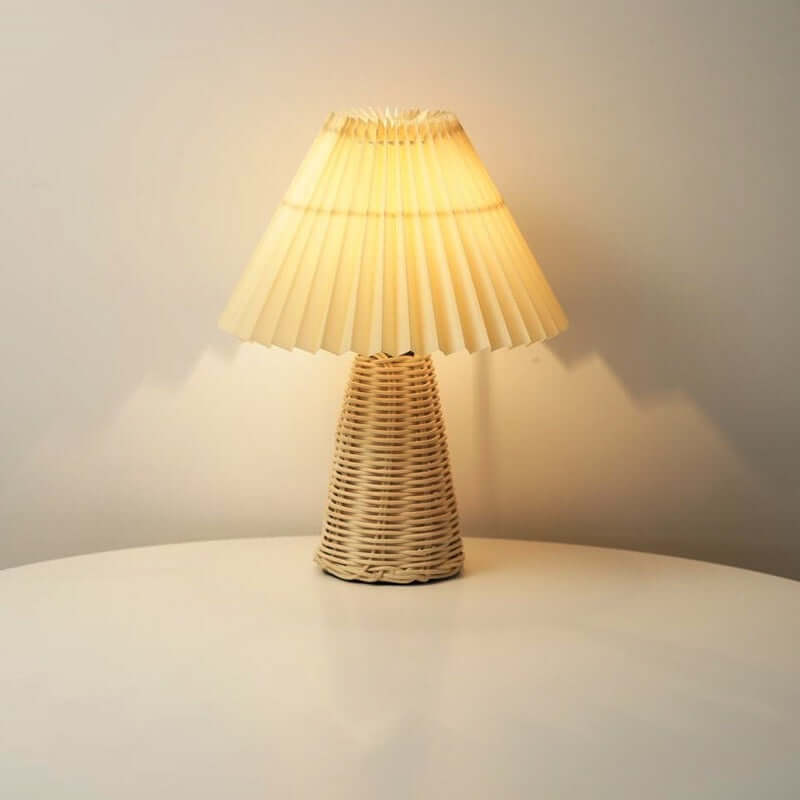 Nordic Pleated Night Lamp – Soft LED Bedside Light with Rattan Base