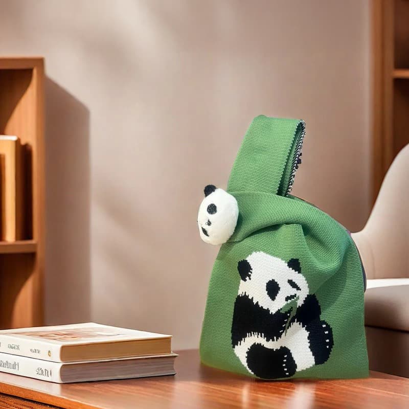 Panda Knitted Handbag-Holding Bamboo leaves （Green）