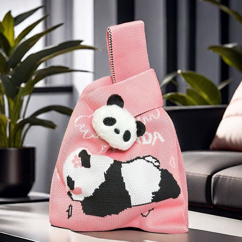 Panda Knitted Handbag-playing（Pink）