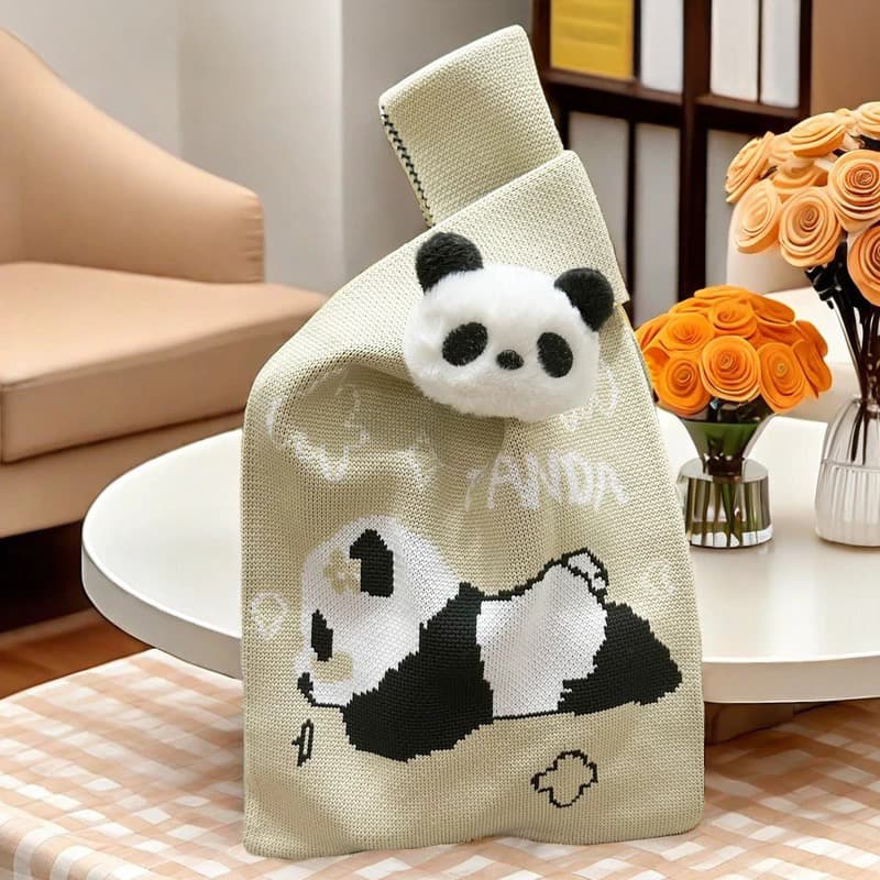 Panda Knitted Handbag-playing（Beige）